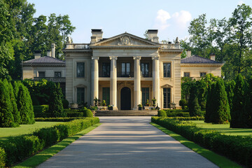 Obraz premium Magnificent neoclassical mansion with towering columns and lush greenery, emanating grandeur and elegance under a clear, sunny sky.