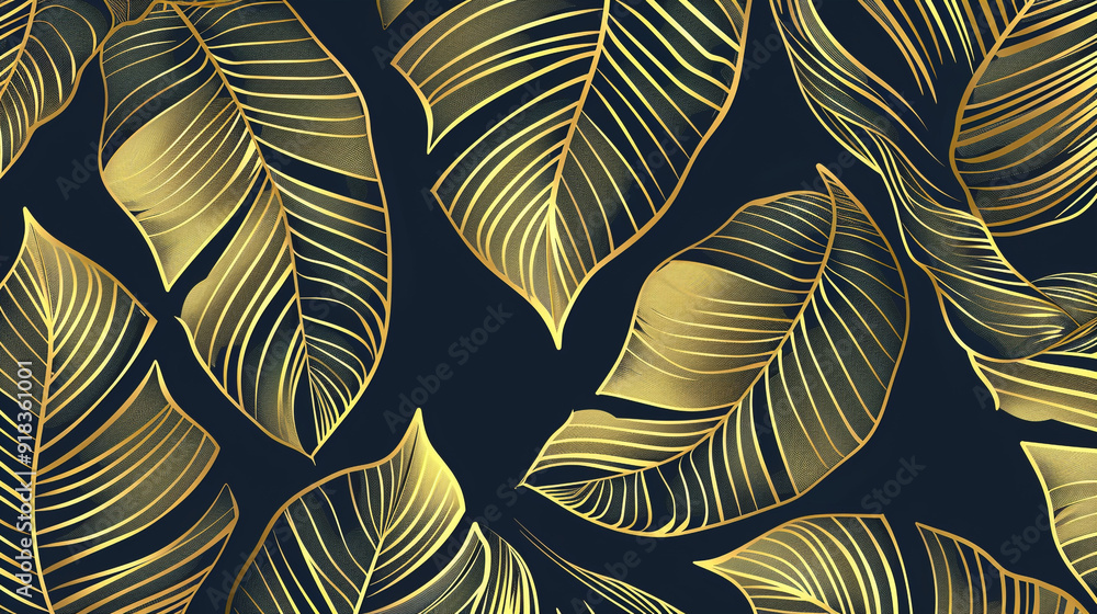 Poster banana leaf pattern using a golden outline with a black background.