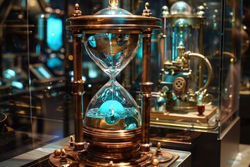 Vintage steampunkstyle hourglass with intricate details, exhibited with a warm glow