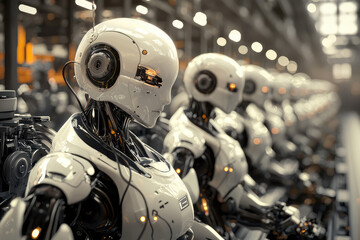 A Futuristic Scene of Advanced Robots Collaborating on Intricate Industrial Tasks in a High-Tech Factory Setting Illuminated by Soft Glows.