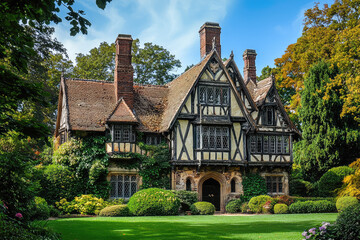 Stunning half-timbered Tudor mansion with steeply pitched roofs, intricate windows, and lush surrounding gardens, nestled in historic charm.