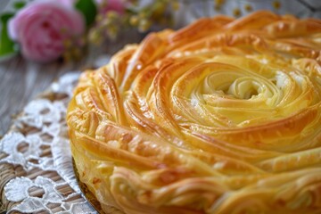 Closeup of a homemade apple tart with rose pattern, served on a lace tablecloth