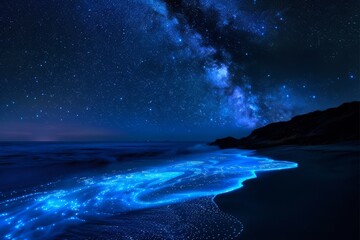 Bioluminescent plankton.Glowing plankton.Glowing beach.A stunning photo of bioluminescent plankton illuminating the shoreline under a starry night sky, with the Milky Way visible