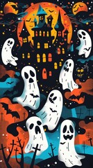 Spooky paper ghosts and haunted house on a dark background creating an eerie Halloween scene