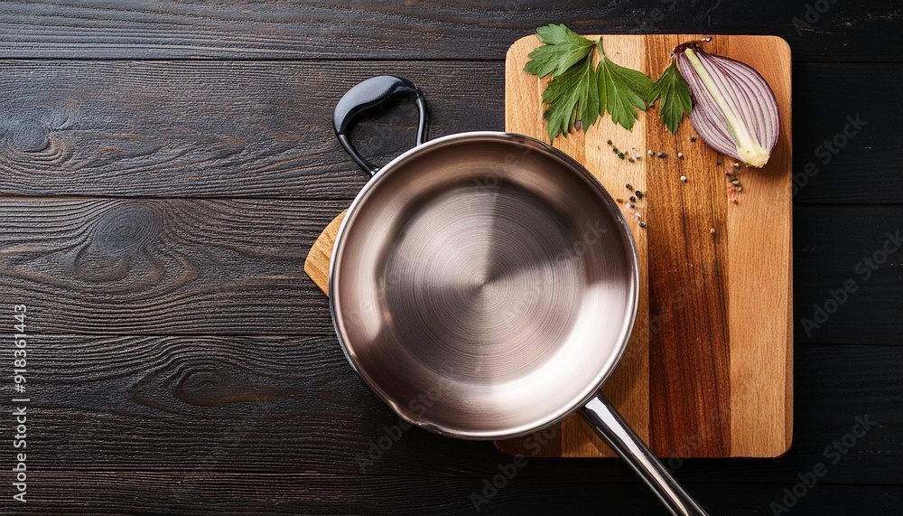 Wall mural Top view of metal frying pan placed on wooden cutting board on table in kitchen