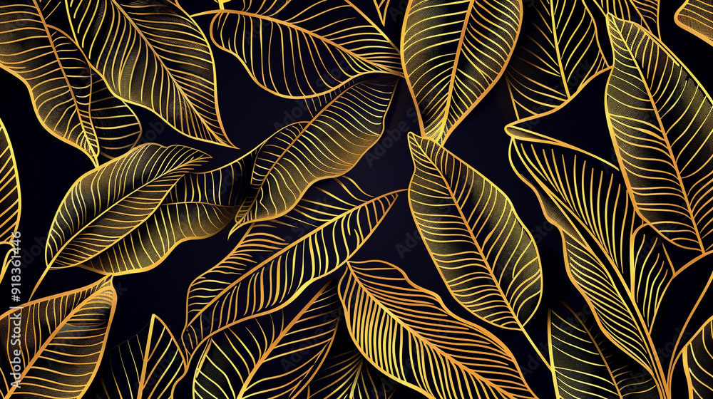 Poster banana leaf pattern using a golden outline with a black background.