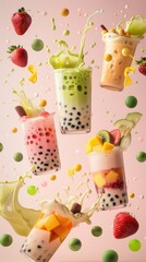 Assorted colorful bubble tea drinks in tall glasses with straws, featuring tapioca pearls and garnished with fresh fruits, against a pink background. ai