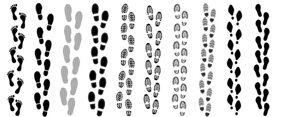 Footprints human silhouette collection, vector set, isolated clip art collection. Shoe soles print. Foot print tread, boots, sneakers. Impression icon barefoot