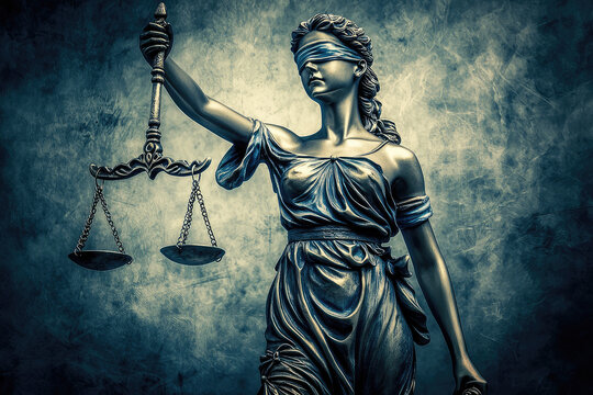 Embodying fairness and balance, Lady Justice stands blindfolded, holding scales in a timeless symbol of impartiality and virtue under the law.