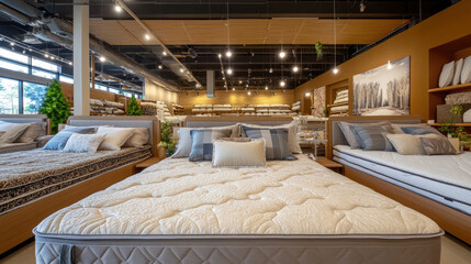 Mattress Shop Interior with Stylish Beds and Pillows on Display