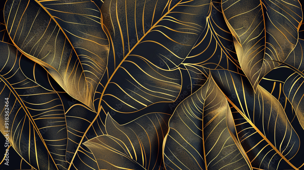 Poster banana leaf pattern using a golden outline with a black background.