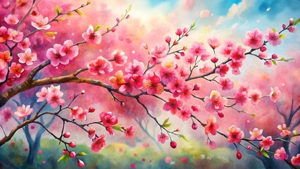 Fototapeta premium A Watercolor Depiction of Sakura Blossoms in Full Bloom, Evoking the Beauty and Tranquility of Spring in Japan AI generated
