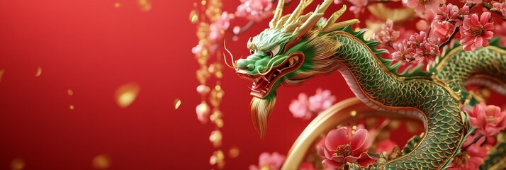 Fototapeta premium Chinese Zodiac Elegant Green Dragon in Chinese New Year Style with Floral Elements and Golden Foil