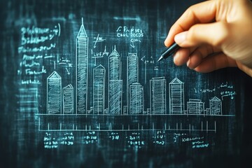 Building the Future: A hand sketches a skyline of skyscrapers on a chalkboard, representing ambitious growth, progress, and the dreams of a city. The image evokes a sense of purpose, innovation, and t