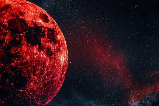 Bloody moon.Blood moon.Full red moon.A close-up of the Blood Moon against a starry night sky, with intricate details of its surface visible - Powered by Adobe