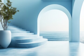Azure Serenity: A minimalist blue architectural dream with arched openings framing a breathtaking ocean view, inviting tranquility and escape. 