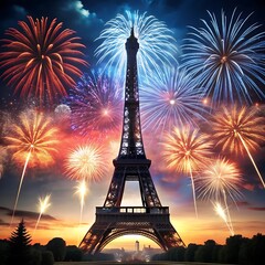 Representation of the Eiffel Tower, symbol of Paris, isolated on dark background with fireworks. 3D rendered illustration

