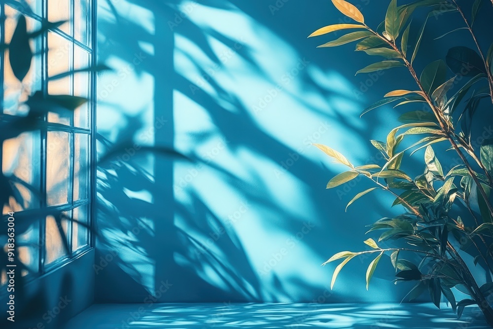 Poster azure tranquility: sunlight streams through a window, casting intricate leaf shadows on a vibrant bl