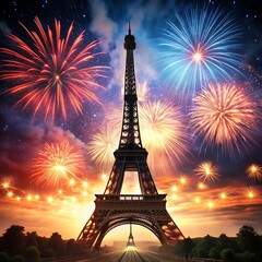 Representation of the Eiffel Tower, symbol of Paris, isolated on dark background with fireworks. 3D rendered illustration
