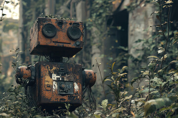 An abandoned, rusty robot stands amidst thick overgrowth in a junkyard, the remnants of forgotten technology blending with nature's reclaiming touch.