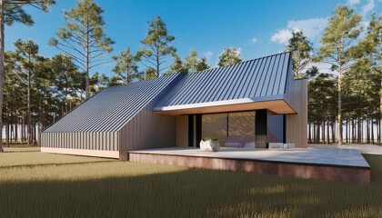 Obraz premium View of modern house in Australian style on pine forest and blue sky background,small building with metal sheet roof design. 3D rendering.