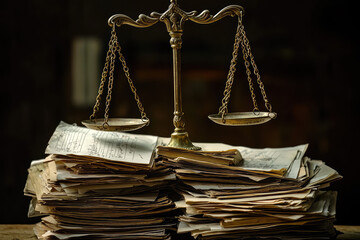 Ancient scales teeter atop an overwhelming pile of papers, highlighting the balance between law, history, and the weight of accumulated judgments.