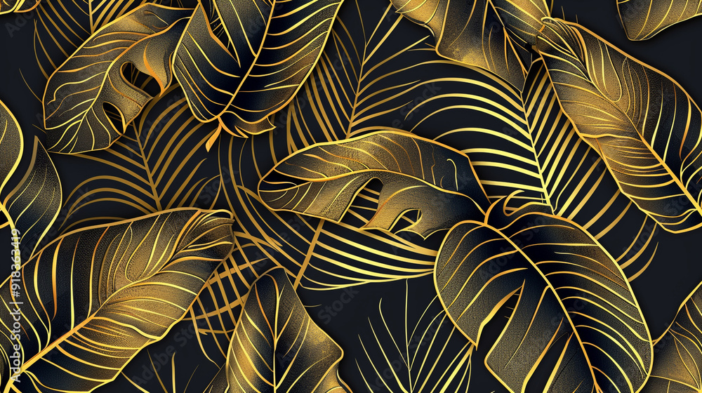 Poster banana leaf pattern using a golden outline with a black background.