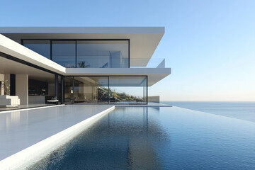 Fototapeta premium Elegant minimalist mansion with sleek lines overlooking the ocean, offering a luxurious infinity pool and serene, modern interior design.