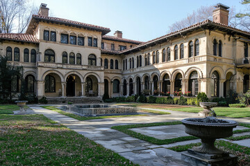 Obraz premium Majestic Italianate mansion with arched windows, elaborate balconies, and a serene central fountain showcasing exceptional architectural grandeur.