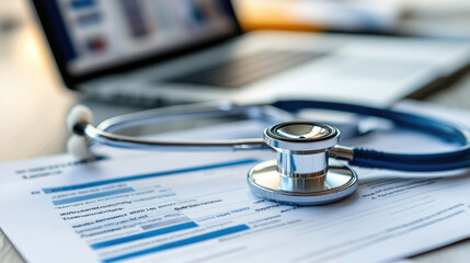 Stethoscope on Healthcare Document with Laptop, Emphasizing Tech Integration in Medicine