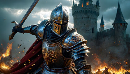 A knight in ornate armor stands confidently with a sword. The scene captures a medieval battle atmosphere with dark clouds and a sense of impending conflict.