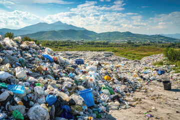 A sprawling landfill overflowing with garbage, showcasing the devastating impact of human waste amidst a beautiful mountainous backdrop.