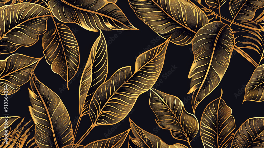 Poster banana leaf pattern using a golden outline with a black background.
