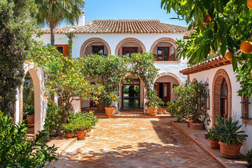 Naklejka premium Breathe in the serenity of this Mediterranean villa with terracotta roofs, whitewashed walls, and lush citrus trees under a bright azure sky.