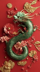 Fototapeta premium Chinese Zodiac Elegant Green Dragon in Chinese New Year Style with Floral Elements and Golden Foil
