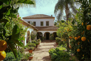 Naklejka premium Explore this enchanting villa with terracotta roofs, whitewashed walls, and lush greenery. A serene escape amidst vibrant orange trees and tranquil surroundings.