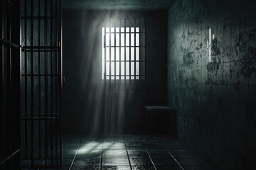 Obraz premium A stark, somber prison cell with a single window casting dim light, evoking a sense of isolation and desolation within its confined, shadowy walls.