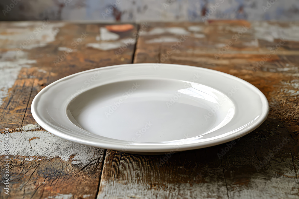 Poster an empty white plate rests on a rustic wooden table, highlighting scenes of simplicity and starkness