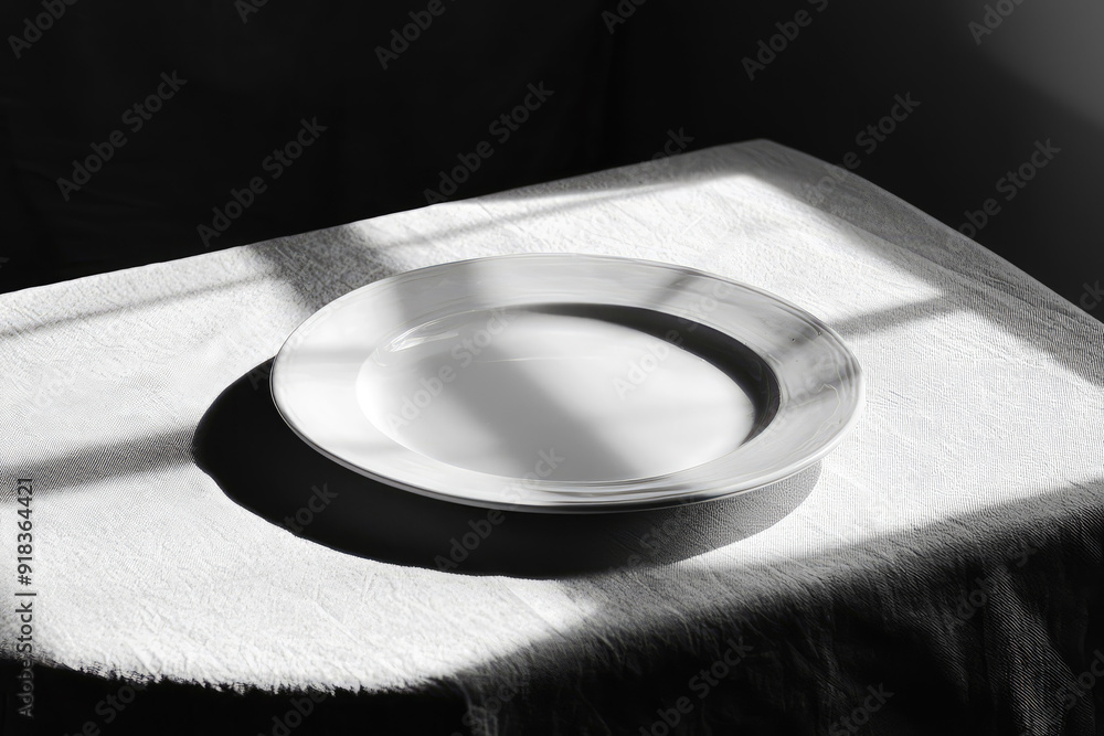 Poster an empty white plate sits on a table draped with a textured cloth, bathed in stark sunlight through 