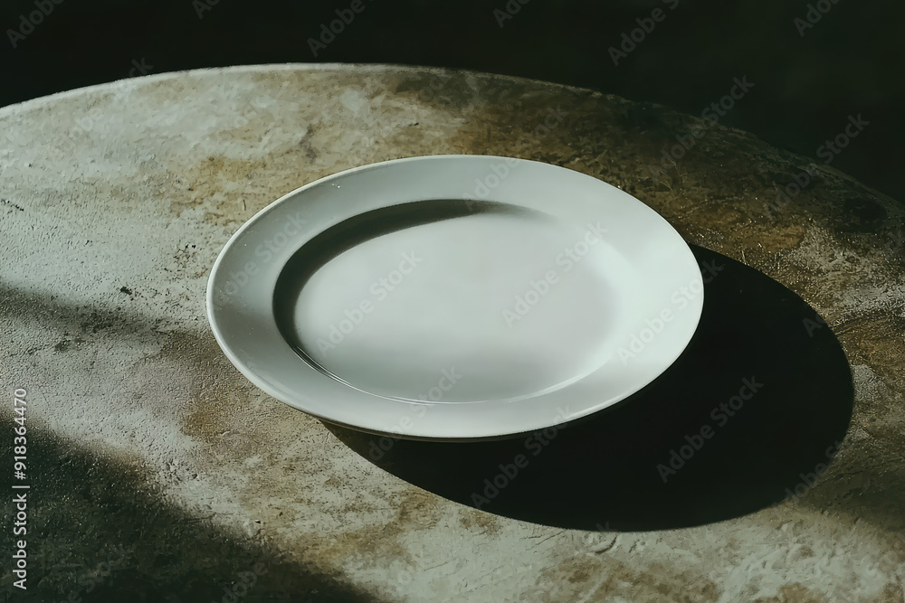 Poster an empty white plate sits solemnly on a rough, textured table, captured in stark light and shadow, e