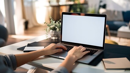 Man working on a laptop with a blank screen at his desk - POV - point of view perspective