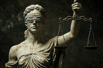 Obraz premium Blindfolded Justice statue holding scales with poise, symbolizing impartiality and fairness against a dark, speckled background.