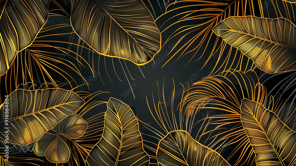 Poster banana leaf pattern using a golden outline with a black background.