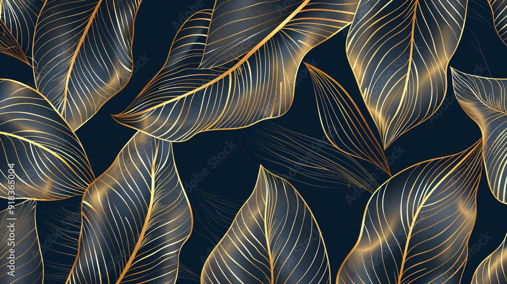 Poster banana leaf pattern using a golden outline with a black background.