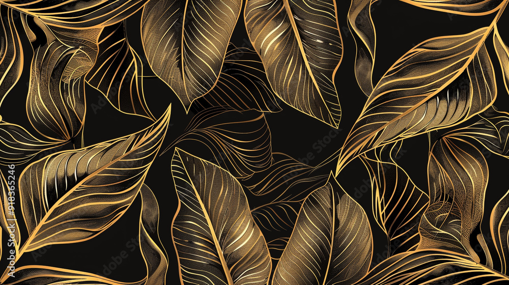 Poster banana leaf pattern using a golden outline with a black background.