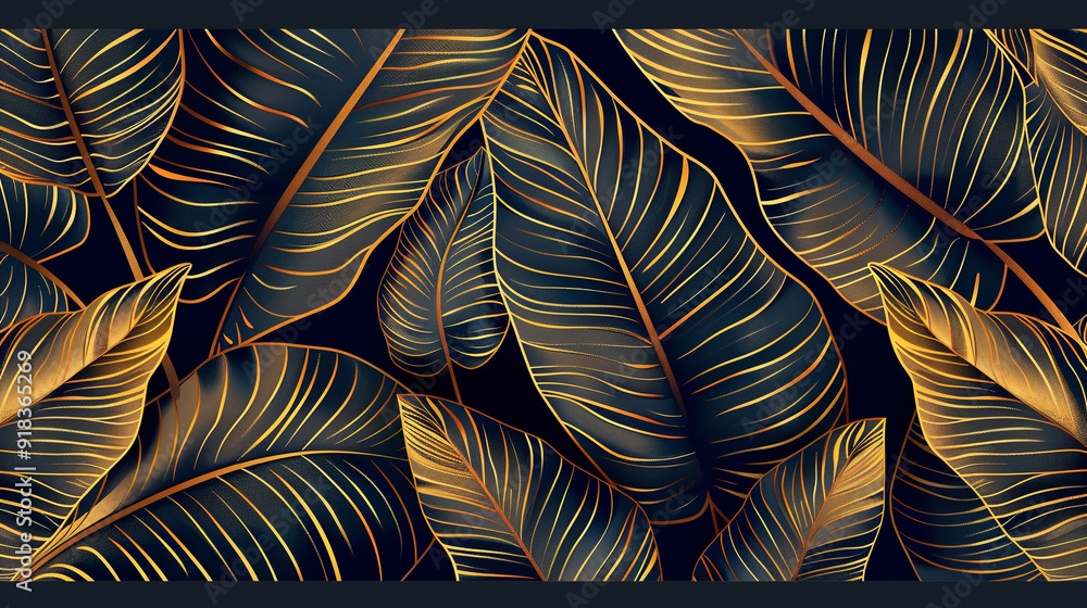 Poster banana leaf pattern using a golden outline with a black background.