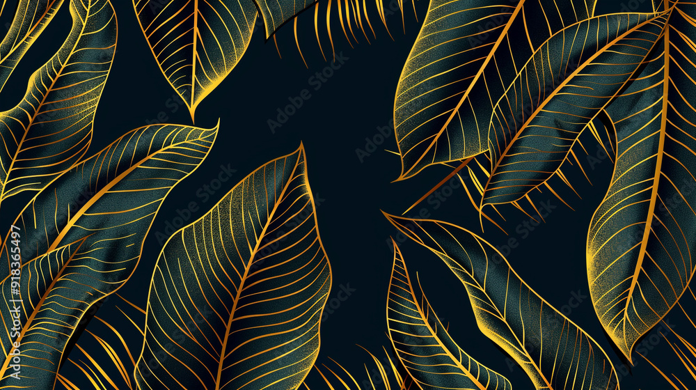 Poster banana leaf pattern using a golden outline with a black background.