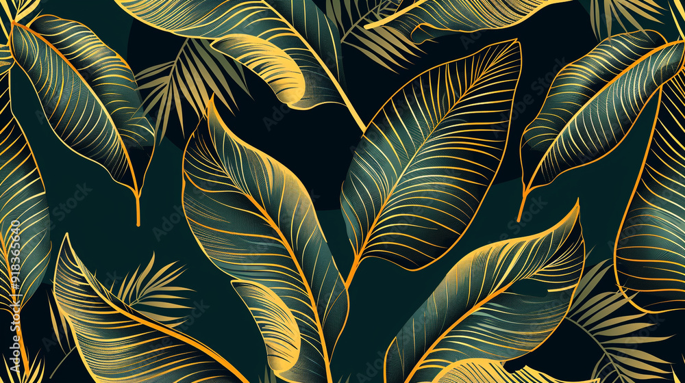 Poster banana leaf pattern using a golden outline with a black background.