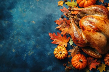 Roasted Turkey with Pumpkins and Fall Leaves on a Blue Background for Thanksgiving Dinner.