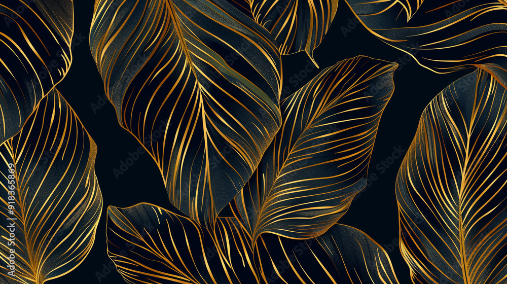 Poster banana leaf pattern using a golden outline with a black background.